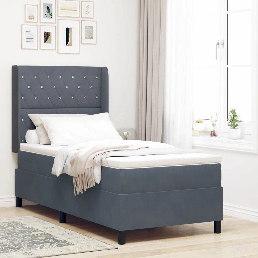 Boxspring Ágy Matrac Közép Sötét Szürke 100x200 cm Bársonyos