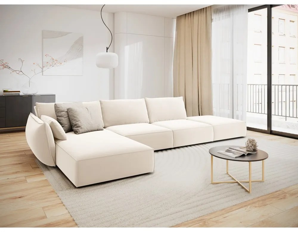 Bézs bársony sarokkanapé (bal oldali-heverő résszel) Vanda – Mazzini Sofas