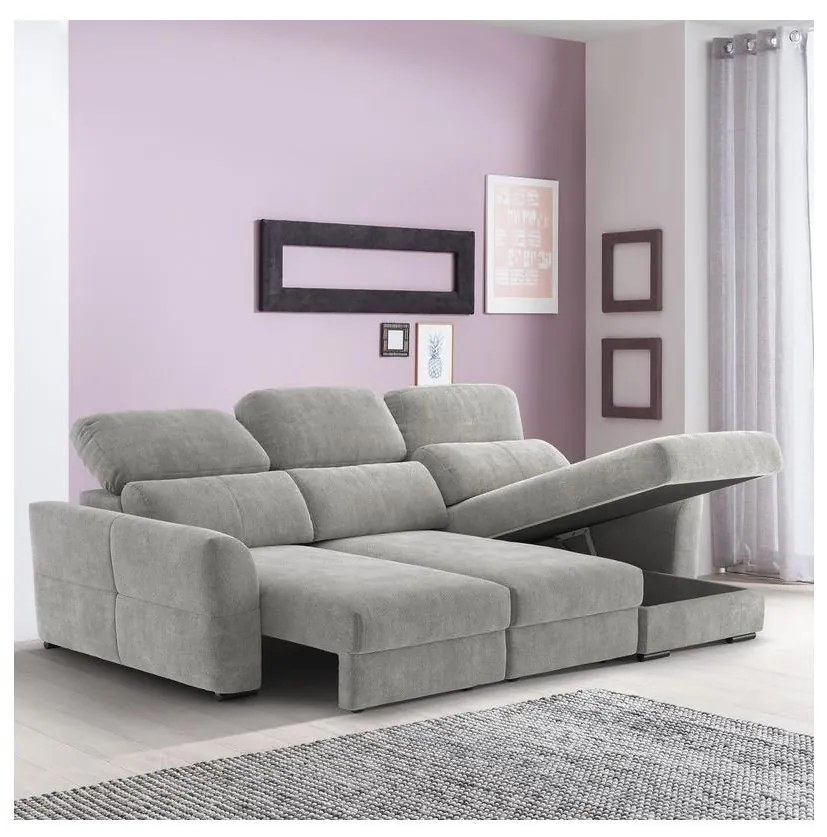 Univerzális kihúzható háromszemélyes sarokkanapé tárolóval TRENTO világosszürke