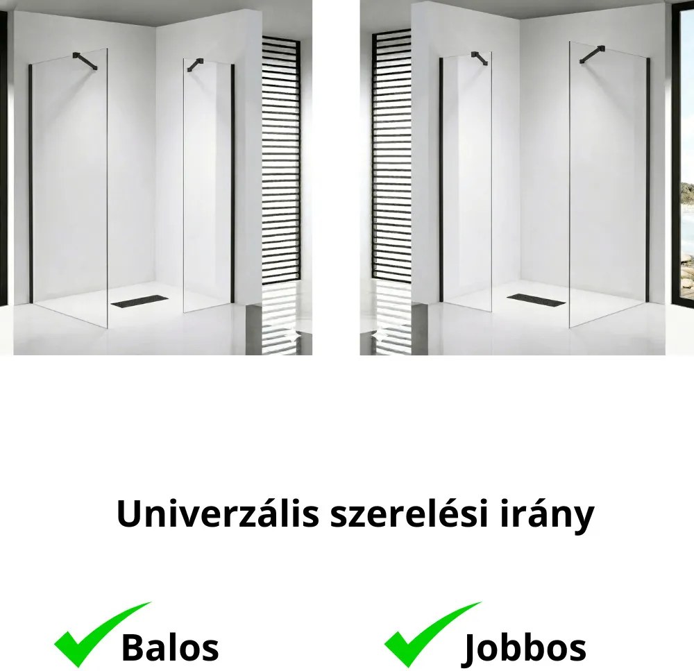 Stuxi Milano Easy Black Kombi Walk-in zuhanyfal, 140x140 cm, 8 mm vastag vízlepergető biztonsági üveggel, helytakarékos stabilizátorral