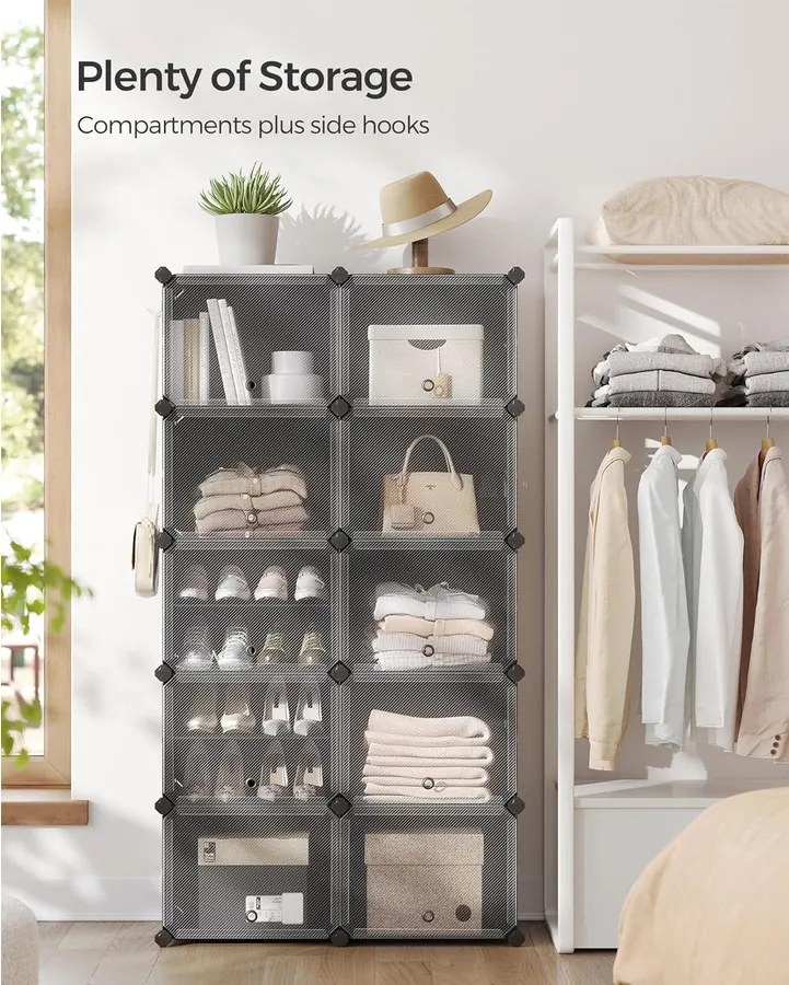 Cipős szekrény, 10 rekeszes moduláris tárolóegység, 32 x 165 x 125 cm, fekete