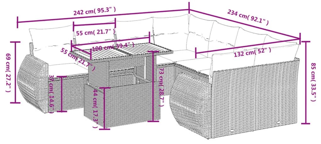 9 részes fekete polyrattan kerti ülőgarnitúra párnákkal