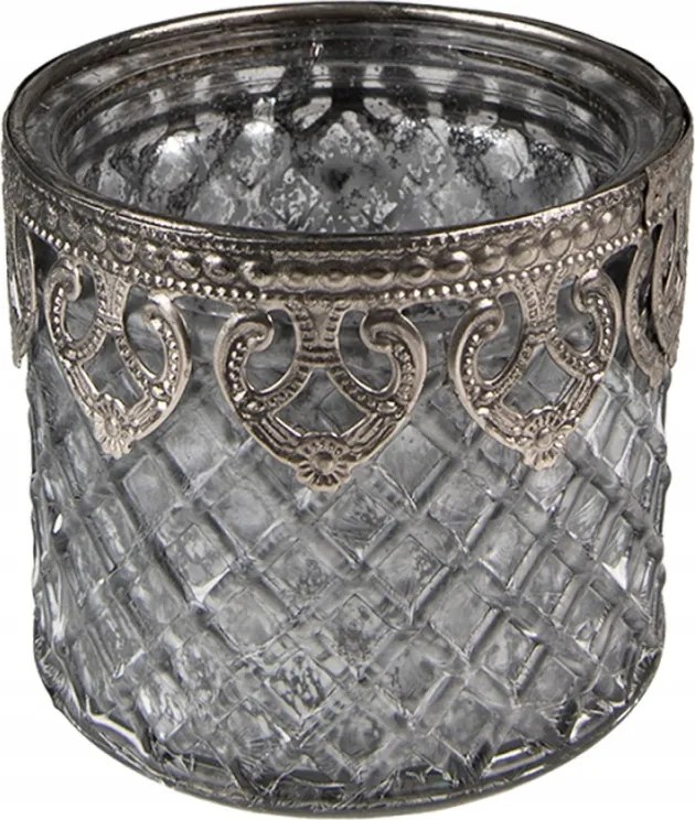 Gyertyatartó melegítőhöz szürke üvegből, dekoratív szegéllyel 8x7 cm