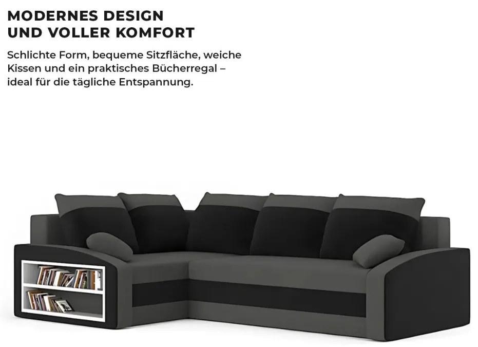 Grande sarokkanapé polcokkal , polc a bal karfaban, baloldali, szövet anyag, hab töltet, szürke - fekete