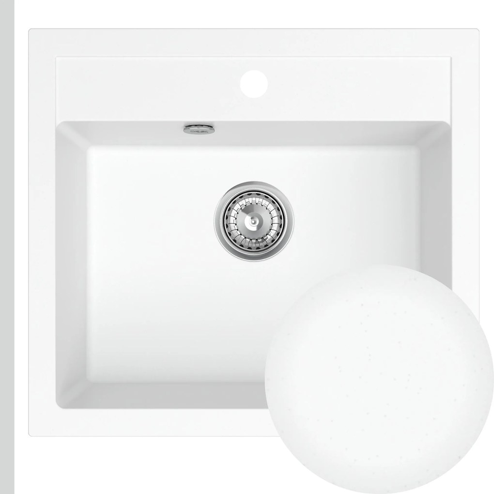 SINK Quality Mosogató Quality Ferrum, konyhai gránit mosogató 565x510x205 mm + szifon, fehér, SKQ-FER.W.1K60.X