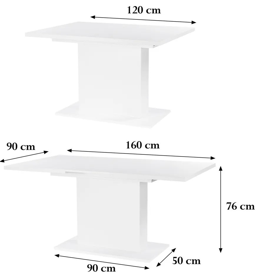Yorki Elegant Premium kihúzható étkezőasztal 120/160x90 cm fehér