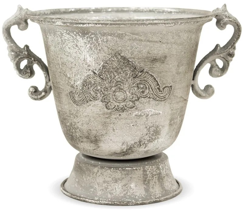 Antique fém váza koptatott ezüst szürke fogantyús 18,5x23x18,5cm