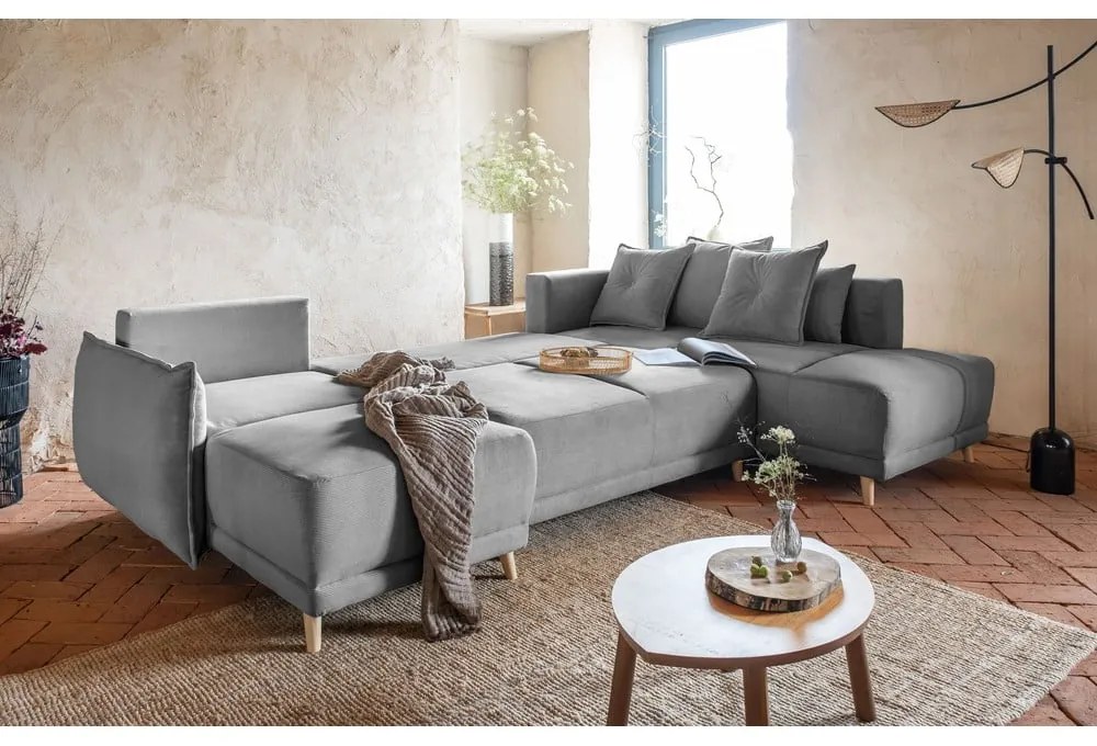 Szürke kordbársony kinyitható sarokkanapé (jobb oldali-U alakú) Lazy Lukka – Miuform