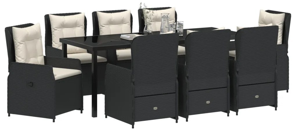 9 Darabos Kert Étkező Szett Fekete Poly Rattan, Kert Asztal Fekete 200x80x73 cm Edzett Üveg