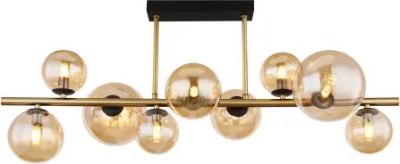 Globo 56135-9D Mennyezeti lámpa fém fekete matt, fém sárgaréz matt, üveg borostyán, HxSzxM.: 870x300x380mm, üveg méret 5X ø: 10 cm, 4X ø: 12 cm, 9x G9 LED 3.5W 230V, 80lm/fej 3000K, 10676 LED izzóval