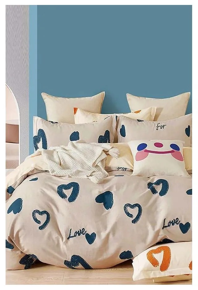 Bézs kétszemélyes hosszabbított négyrészes renforcé pamut ágyneműhuzat lepedővel 200x220 cm Amore – Mila Home