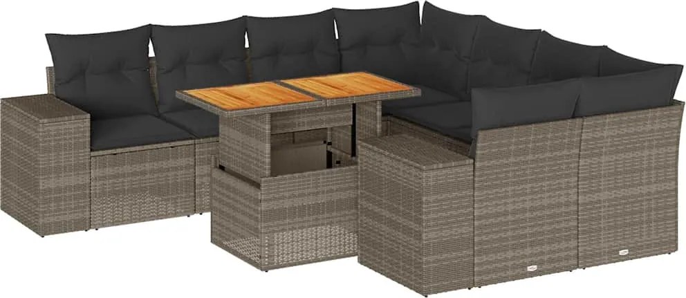 vidaXL 9 részes szürke polyrattan kerti ülőgarnitúra párnákkal