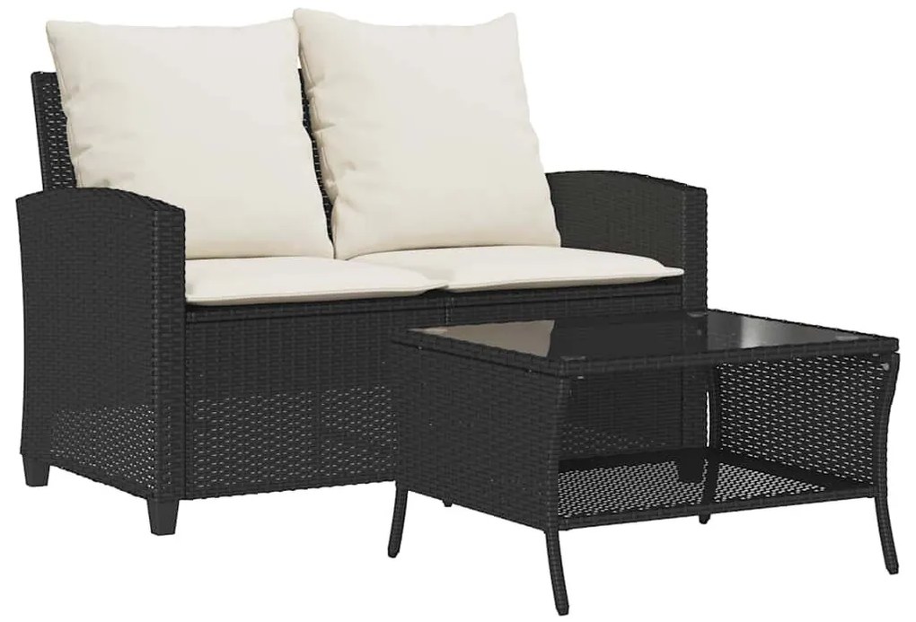 2 személyes fekete polyrattan kerti kanapé asztallal&amp;párnával
