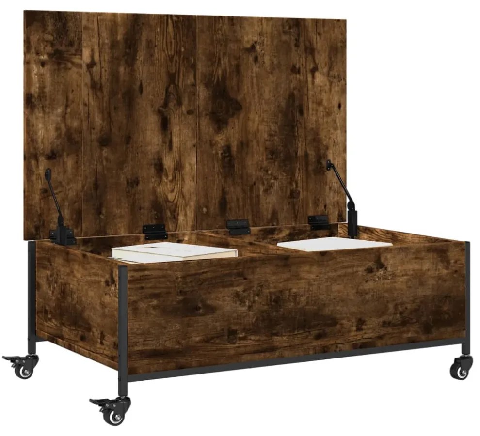 füstös tölgy szerelt fa dohányzóasztal kerekekkel 91x55x34 cm