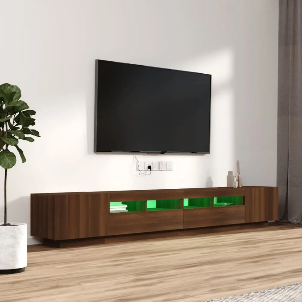 3 részes barna tölgy színű fa TV-szekrény szett LED-lámpákkal