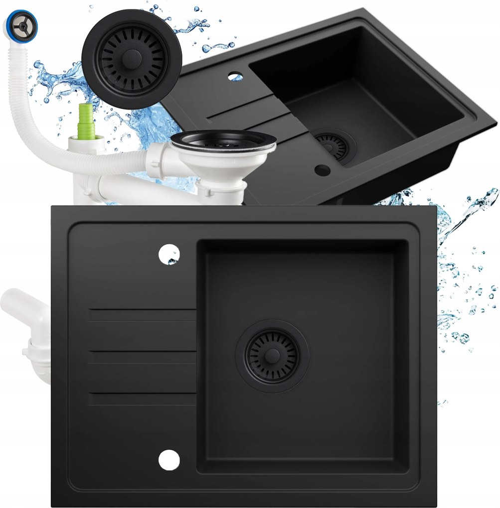 Fekete gránit mosogató egy medencés 55x44 cm csepegtetővel szifon