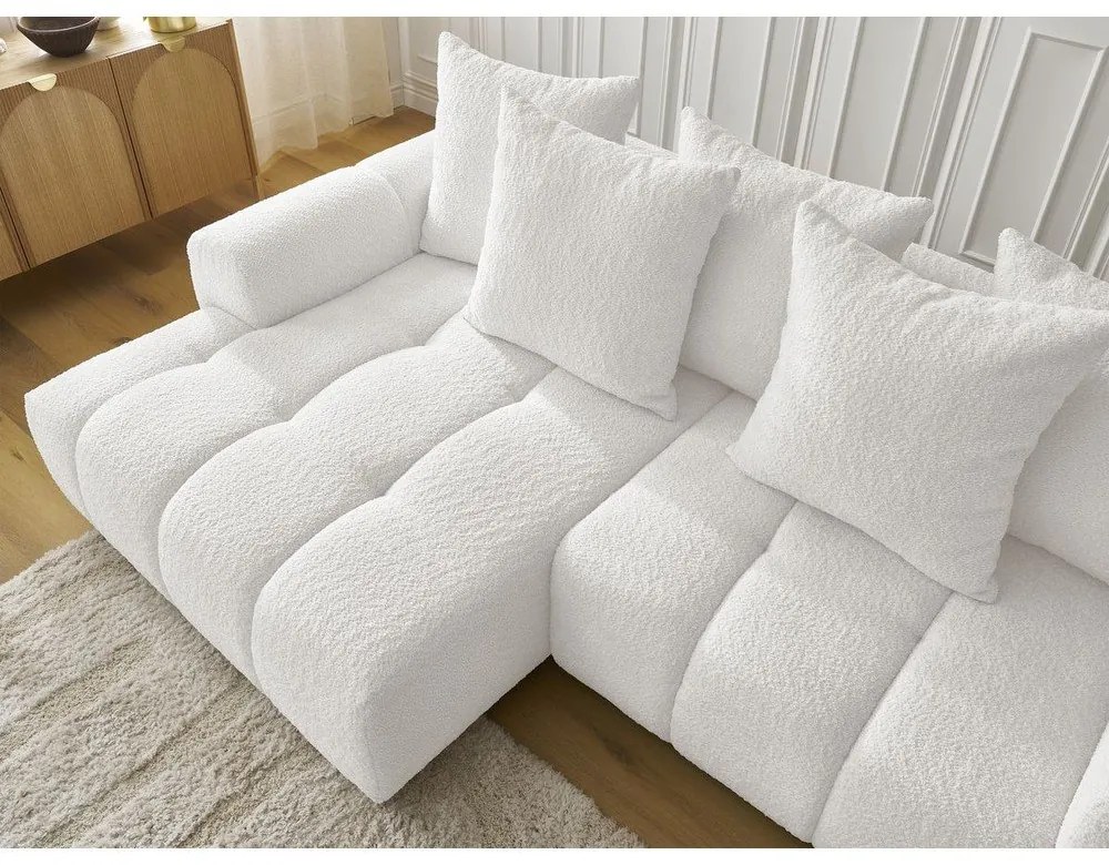 Fehér buklé kinyitható-tárolóhelyes sarokkanapé (bal oldali-heverő résszel) Roxelane – Bobochic Paris