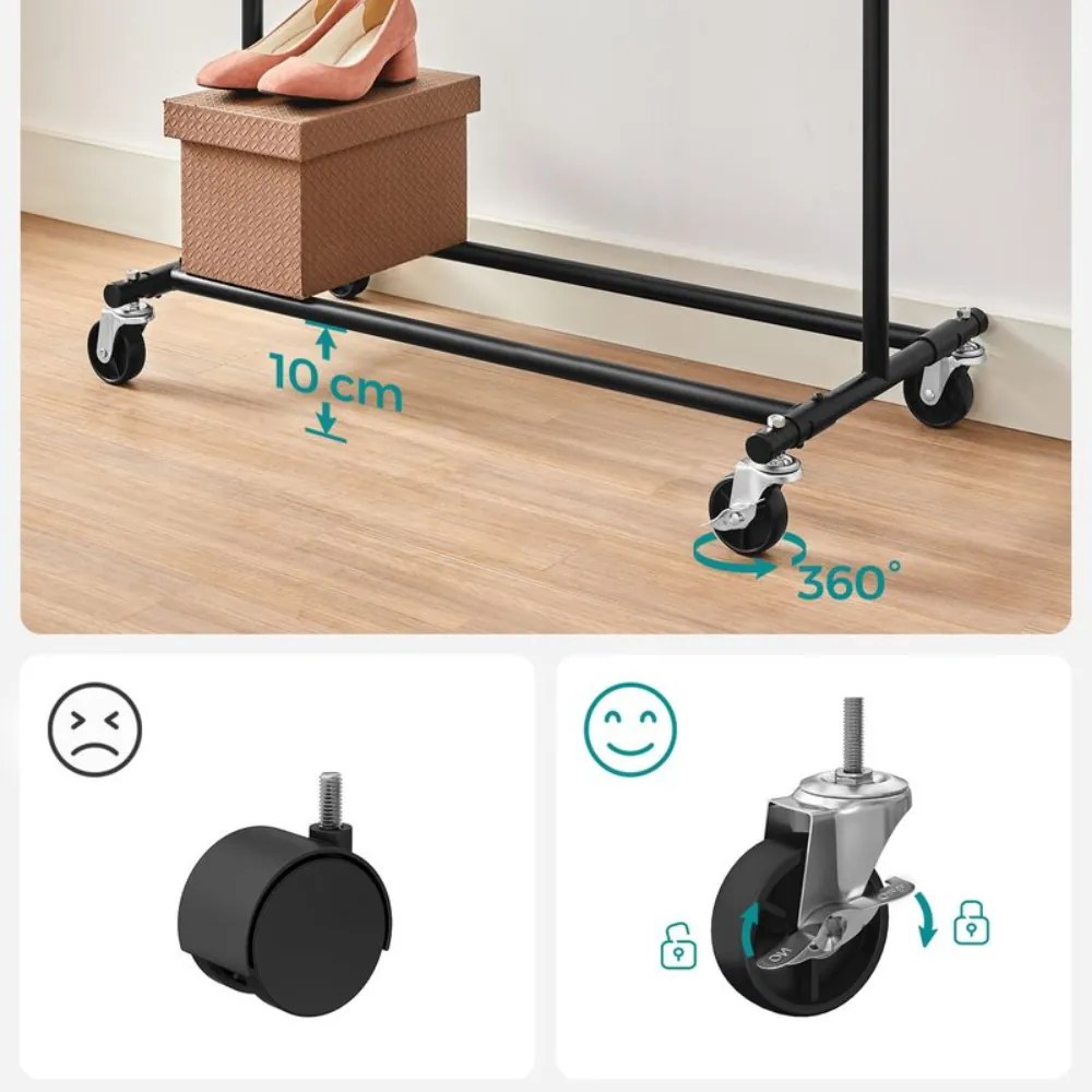 INEZ ruhatartó állvány kerekekkel, max. 90kg, 83,5x45x160cm, fekete SongmicsHome