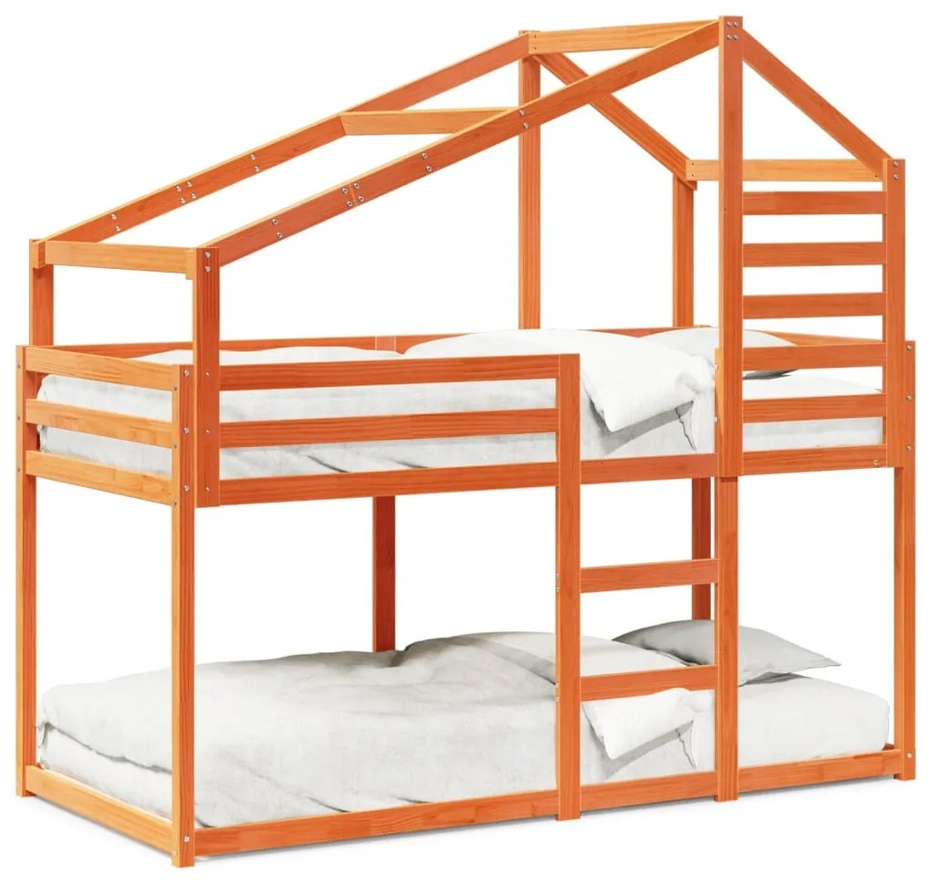 viaszbarna tömör fenyőfa ágy emelettel és tetővel 75 x 190 cm