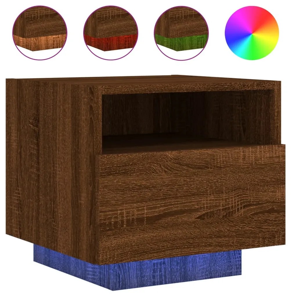 2 db barna tölgy színű éjjeliszekrény LED-ekkel 40 x 39 x 37 cm