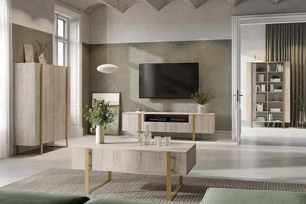 Verica 200 cm-es TV-szekrény nyitott polccal - szivacsos tölgy / arany lábak