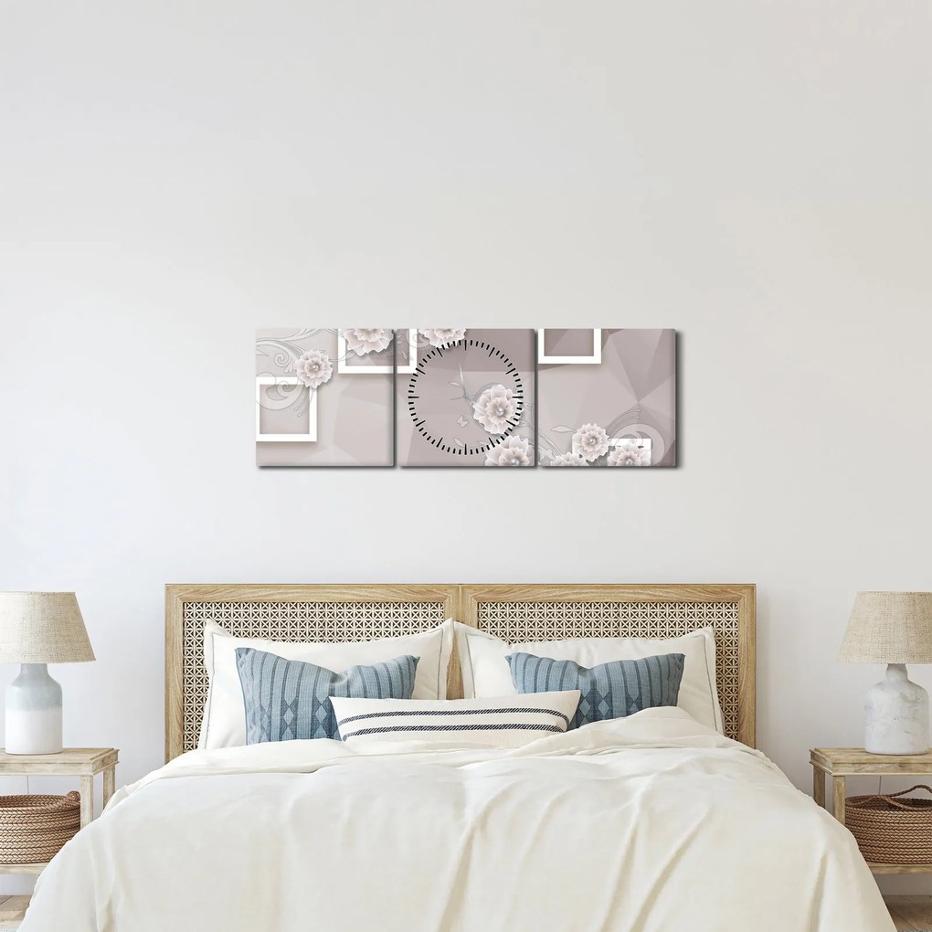 Kép bézs virágokkal (órával) (90x30 cm)