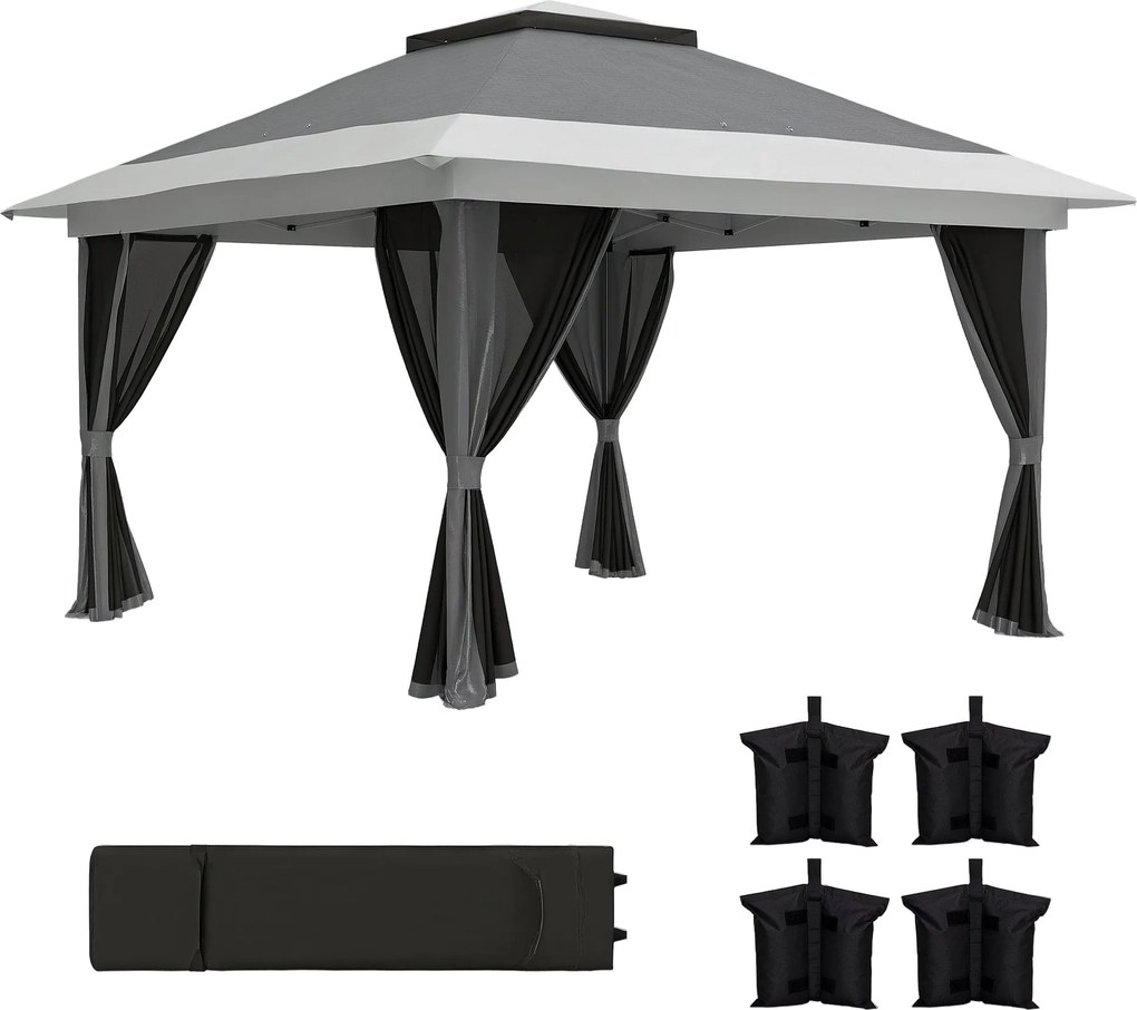 Outsunny Összecsukható Tető 3.6x3.6 m Pop-Up Napernyő 4 UV-védő Hálós Oldalfallal Állítható Magasságú Homokzsákkal és Szállítótáskával Kempingezéshez