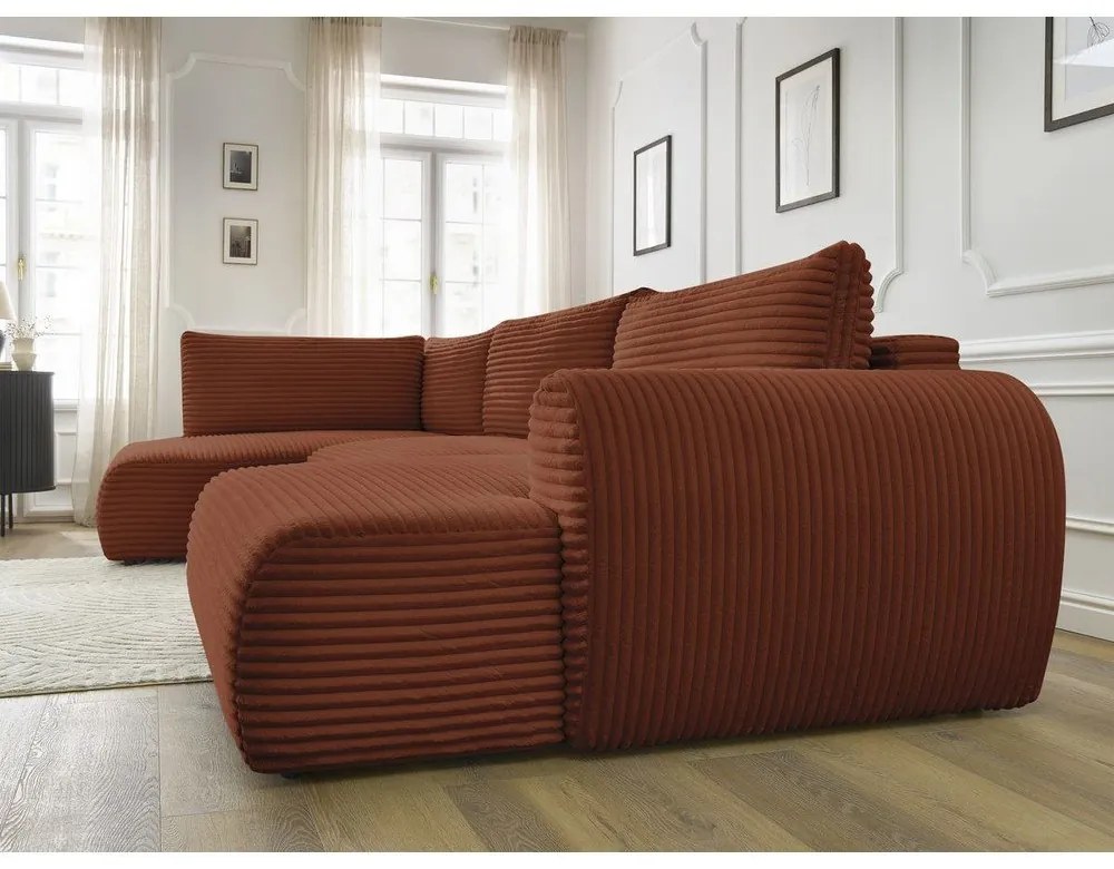 Téglavörös kordbársony kinyitható-tárolóhelyes sarokkanapé (bal oldali-U alakú) Lucien – Bobochic Paris