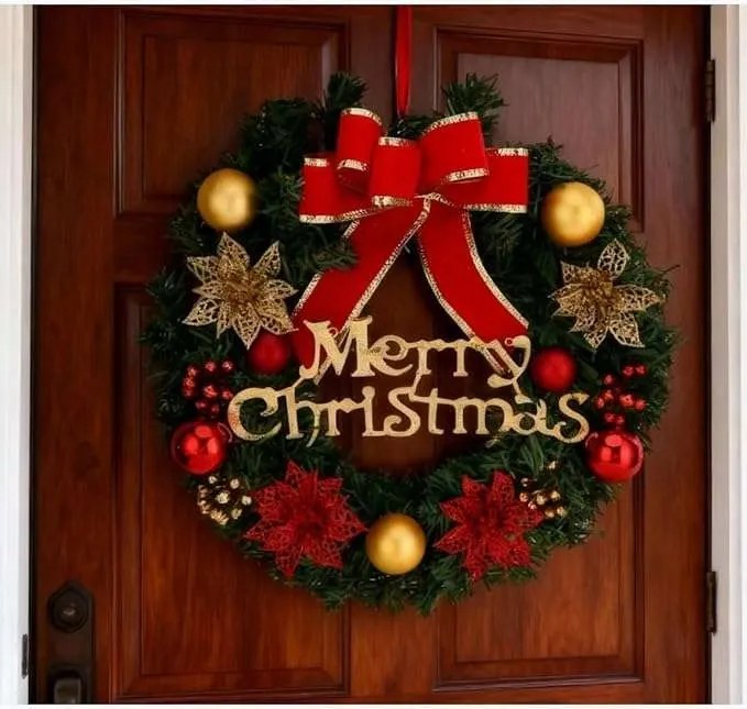 Karácsonyi ajtódísz művirág masnival 30cm