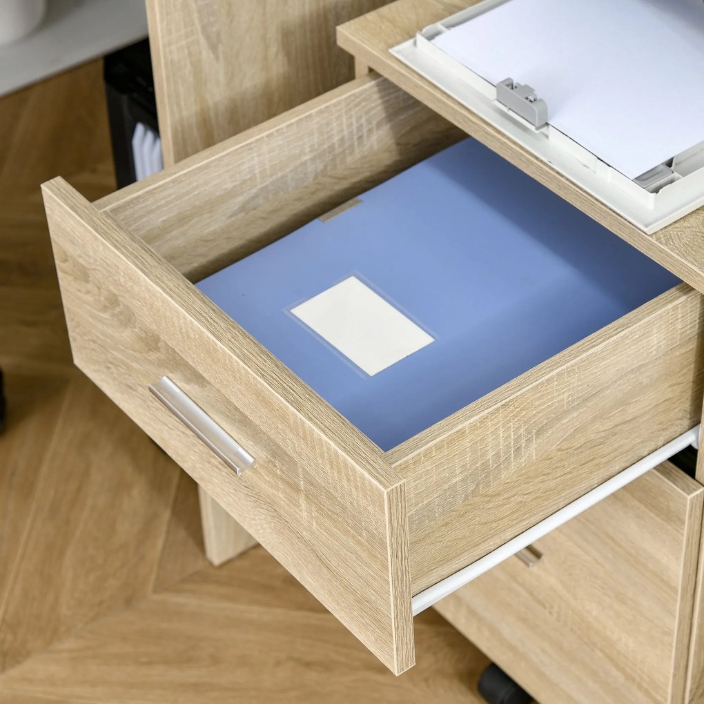 Vinsetto Mobil Irodai Pedál Tároló Szekrény 2 Fiók 5 Kerekek Préselt Fa 39,5 x 39 x 58,5 cm Tölgy | Aosom