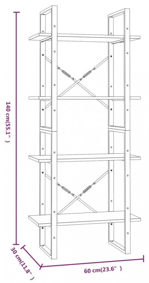 4 szintes szürke sonoma szerelt fa könyvszekrény 60x30x140 cm