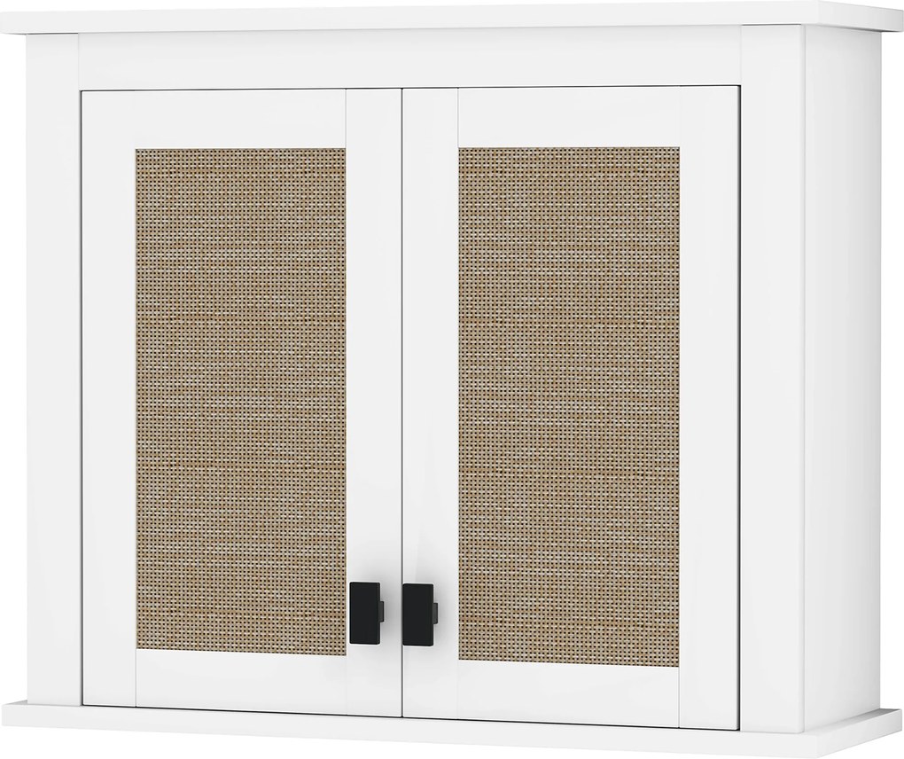 HOMCOM Többfunkciós Fali Fürdőszobai Szekrény - Fali Tárolószekrény 2 Rattan Ajtóval, Állítható Polccal, 60x19,5x49,4 cm, Fehér | Aosom