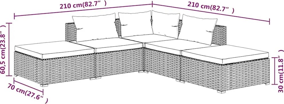 5 részes szürke polyrattan kerti ülőgarnitúra párnákkal