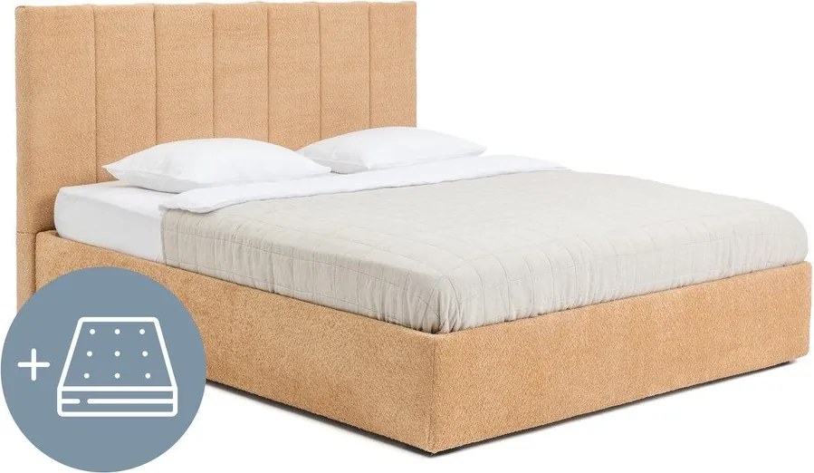 Mustársárga kárpitozott ágyneműtartós franciaágy matraccal, ágyráccsal 160x200 cm Thessa Bold Line – Bonami Selection