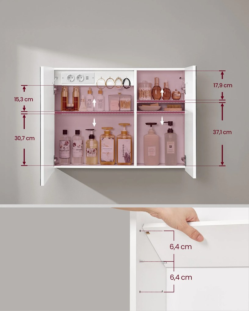 Fürdőszobai faliszekrény tükörrel és LED világítással, 16,5 x 80 x 60 cm, fehér