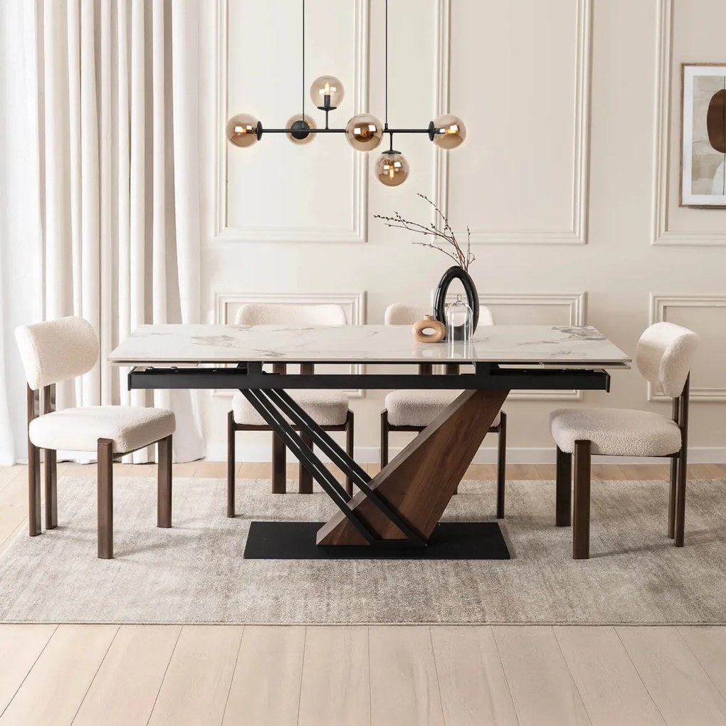 Kihúzható kerámia étkezőasztal 180–240 cm méretben, fehér márvány/dió színben REX 2