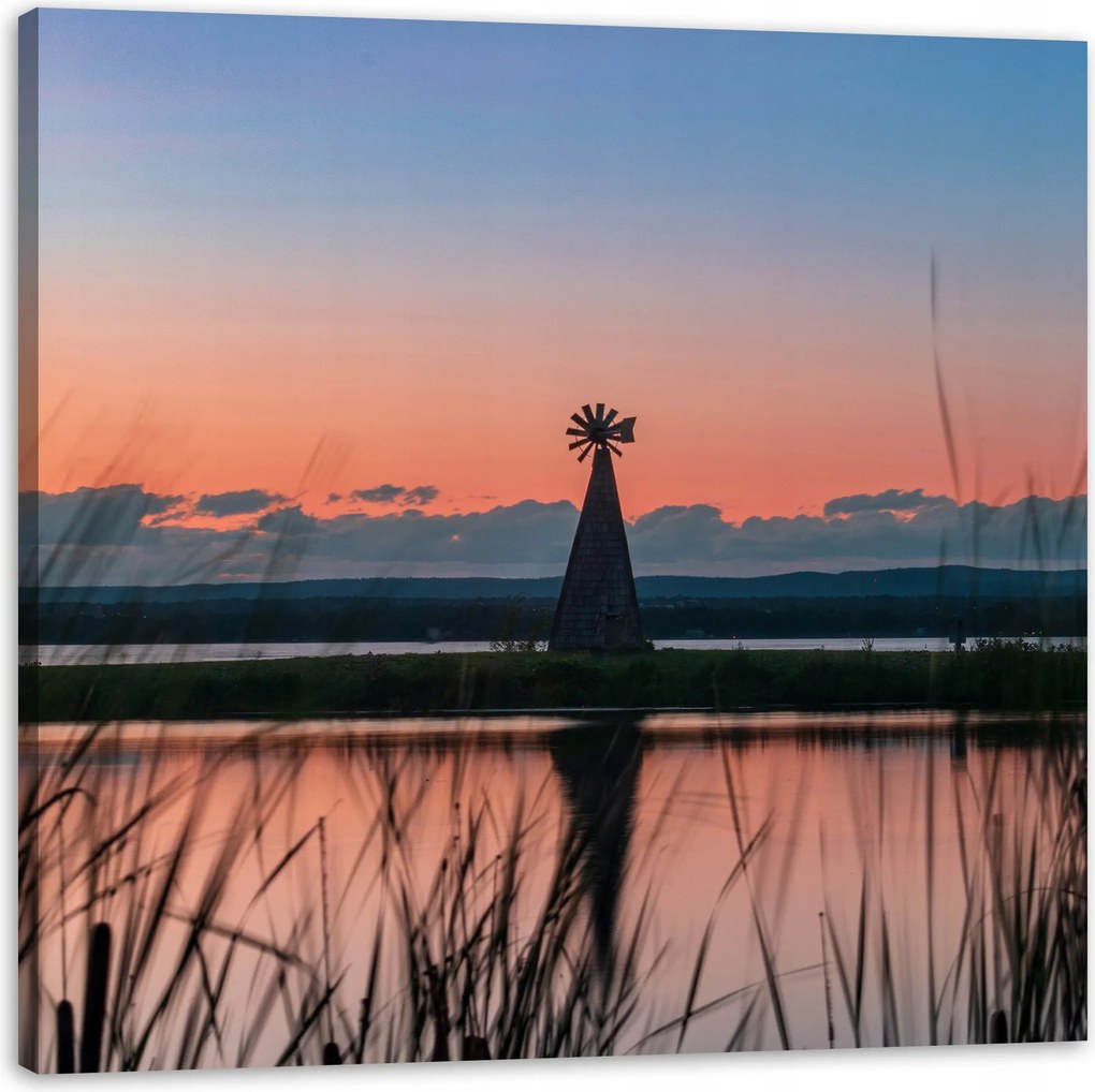 Vászonkép Szélmalom Ég Természet Naplemente Tó Fű 40x40