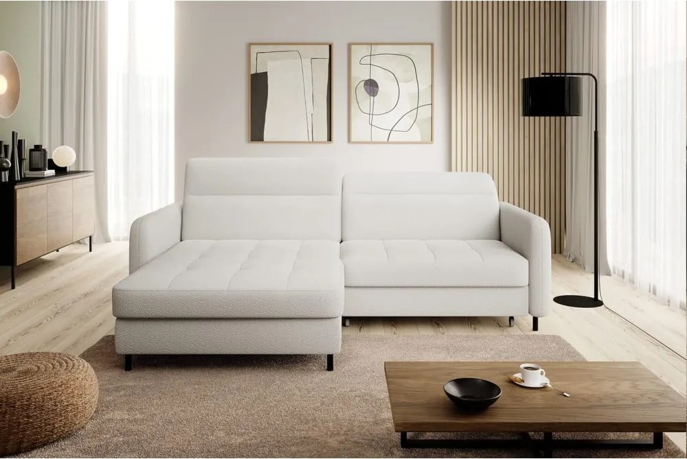 Krémszínű buklé kinyitható-tárolóhelyes sarokkanapé (bal oldali-heverő résszel) Gomsi – ELTAP