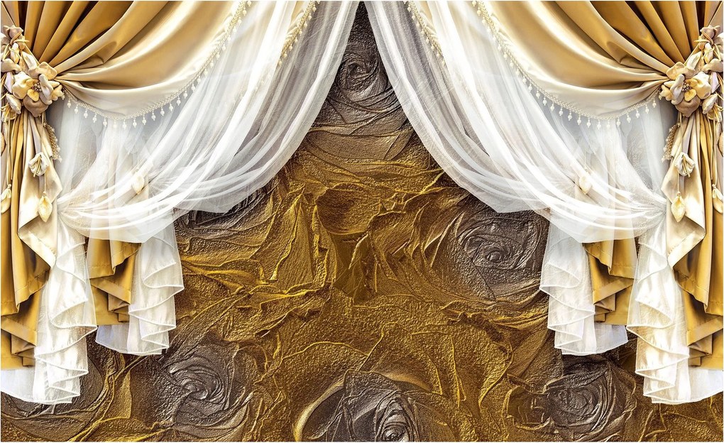 Fotótapéta Arany függöny rózsákkal Elegancia és luxus 250x175 +ragasztó