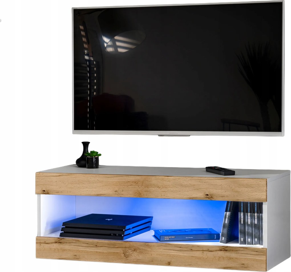 Függő Rtv szekrény Tivoli RTV2 Fehér/Wotan tölgy, Kék Led