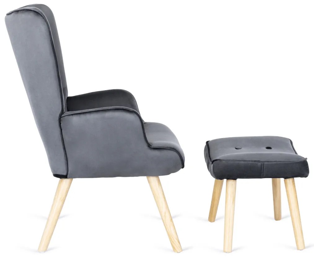 Füles Fotel Lábtartóval Szürke Bársony Kárpittal. LOZANO 2