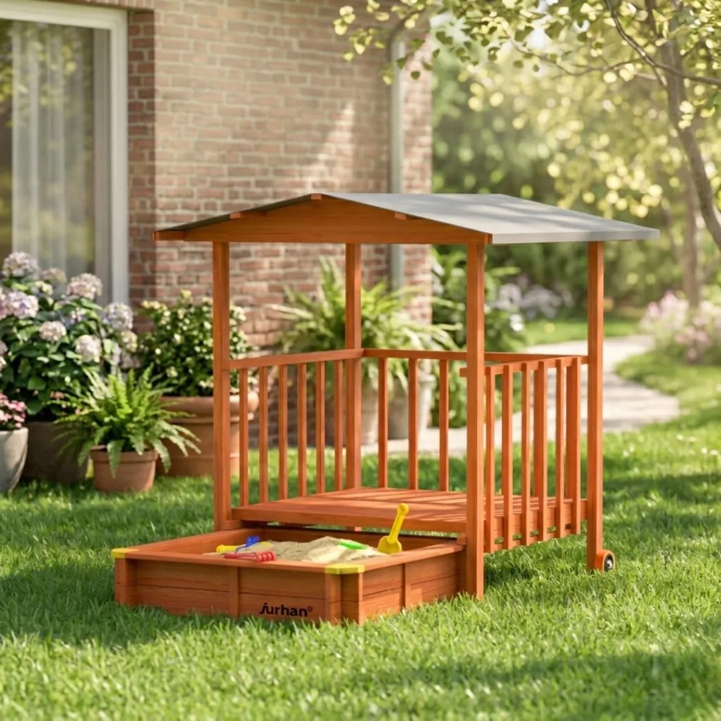 SUNNY verandás homokozó, 130x130x143cm, barna/szürke Jurhan