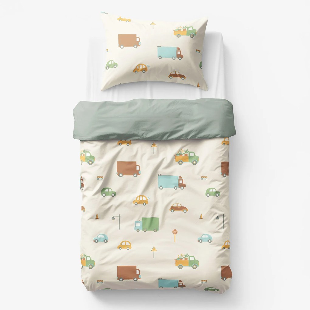 Goldea gyermek pamut ágyneműhuzat duo - az autók világa, zsálya színű hátoldal 150 x 200 és 50 x 60 cm