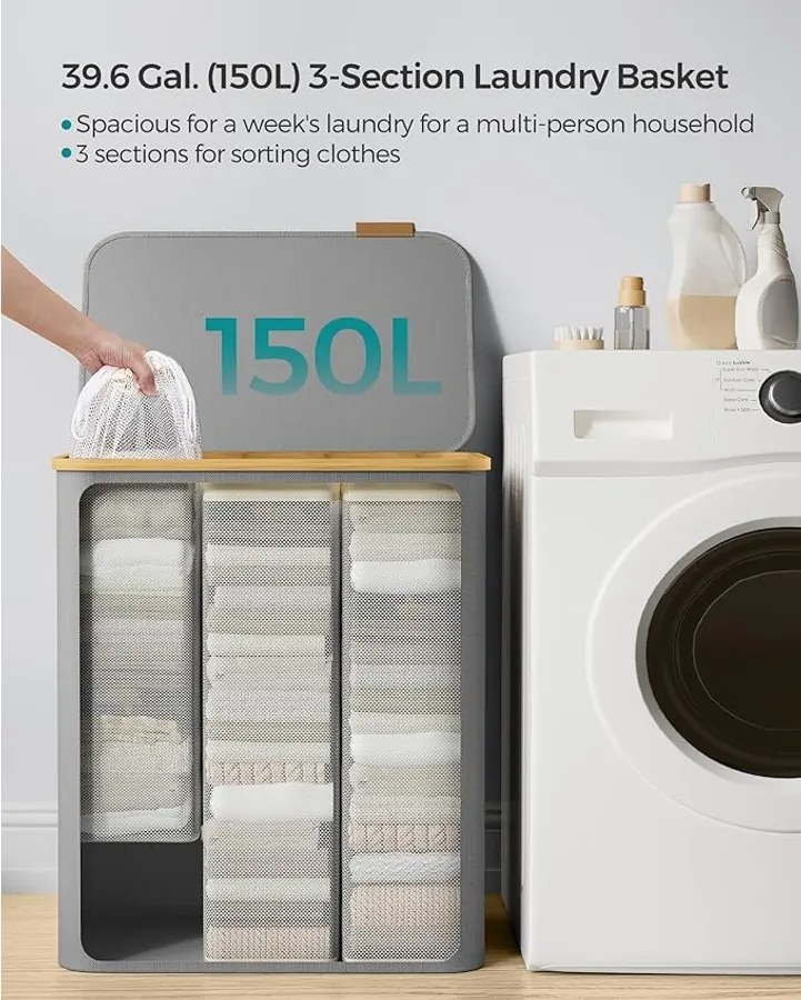 Szennyeskosár fedéllel, 3 rekeszes, 150 L, kivehető zsák, 60 x 38,5 x 70,5 cm, szürke