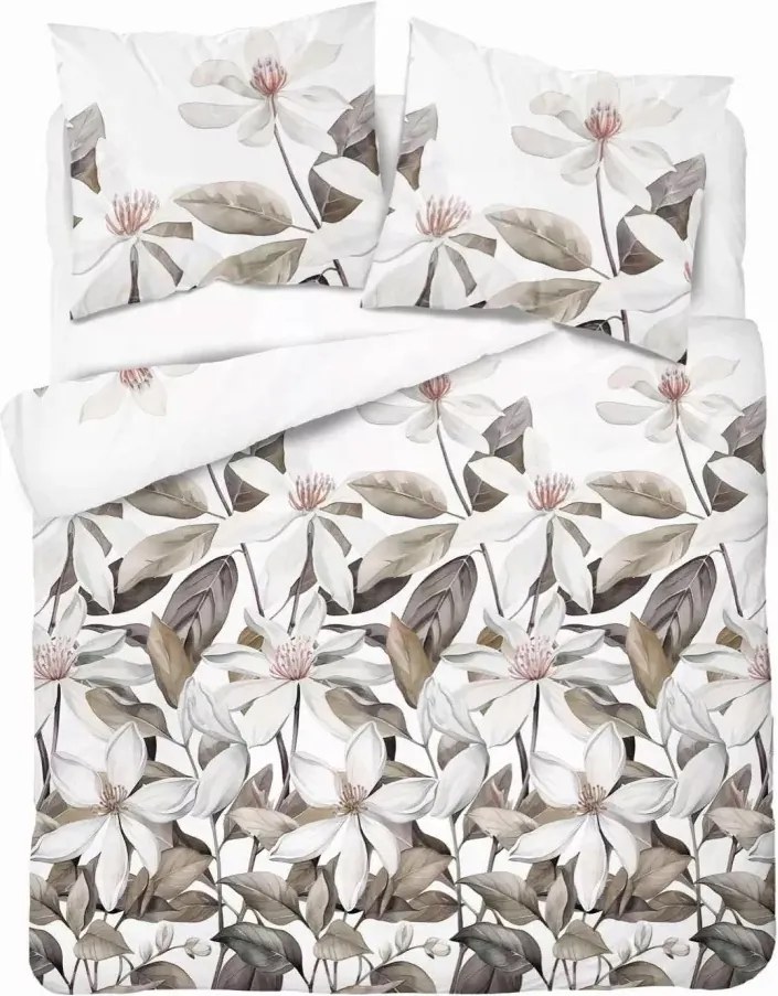 Szatén ágyneműhuzat 220x200 Magnólia virágok világos alapon