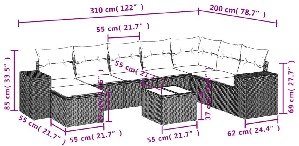 9 részes bézs polyrattan kerti ülőgarnitúra párnákkal