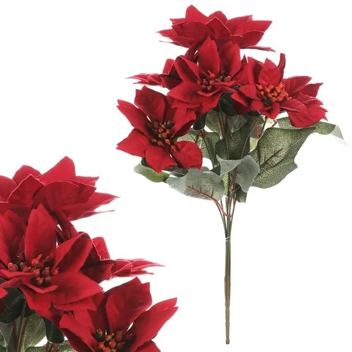 Művirágcsokor Karácsonyi rózsa, 7 virág, piros, 43cm