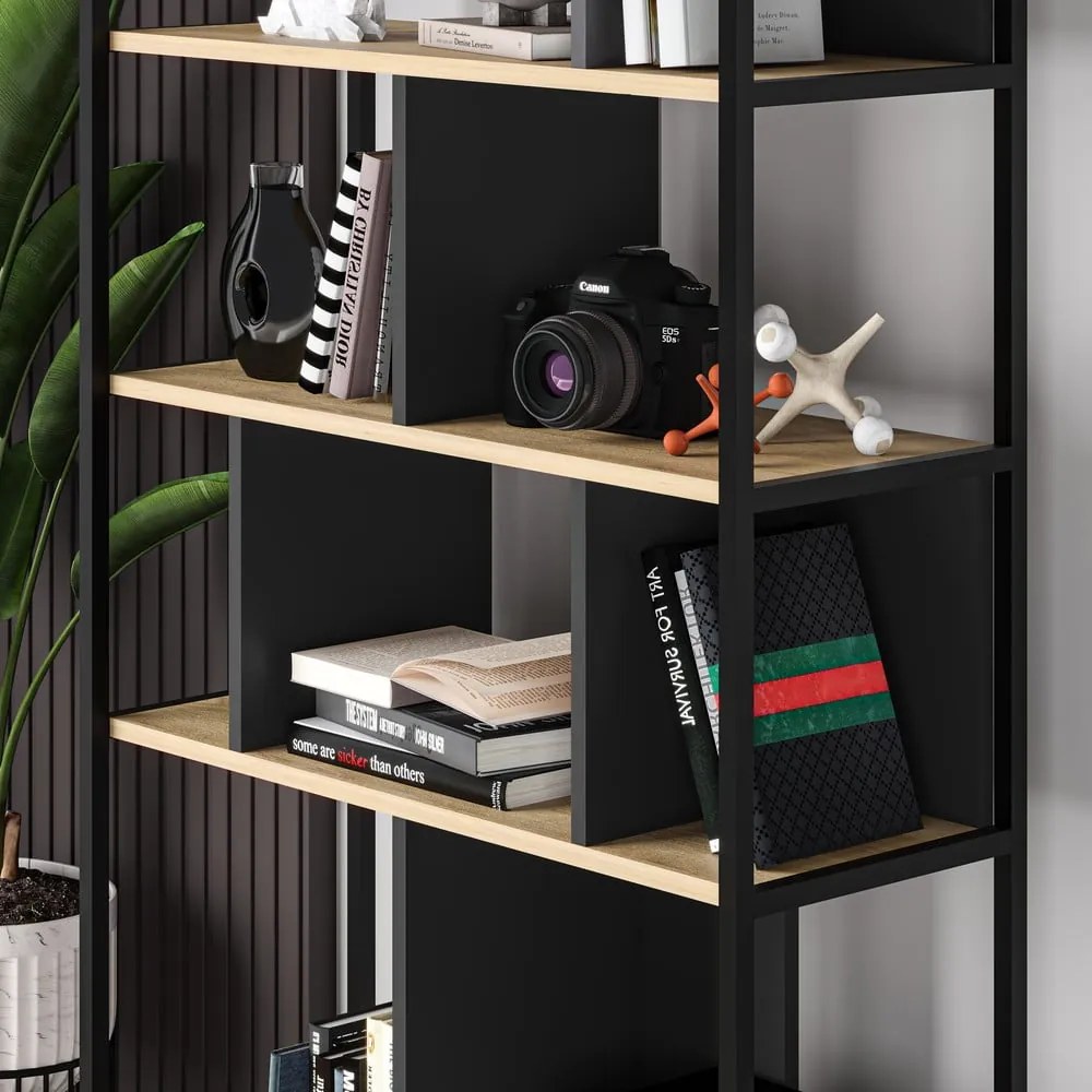 Fekete-natúr színű könyvespolc tölgyfa dekorral 88x175 cm Alabama – Marckeric