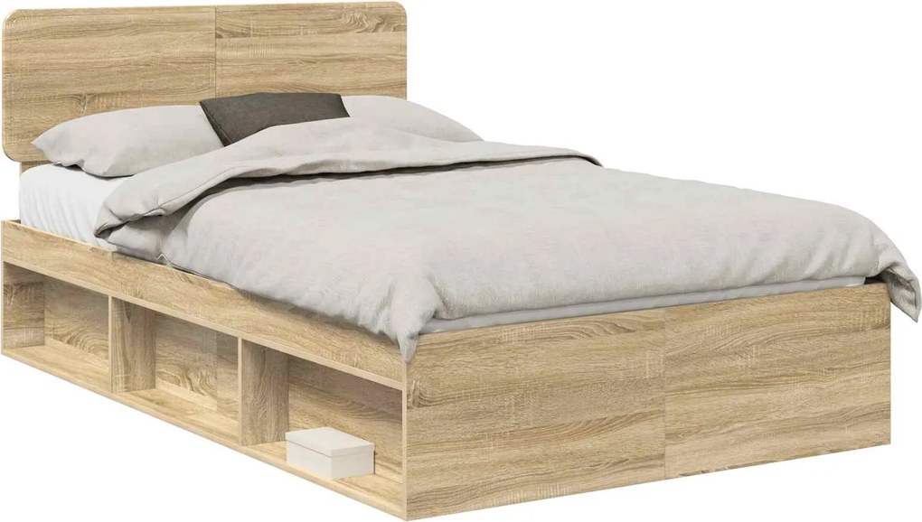 vidaXL Ágykeret fejtámlával Sonoma tölgy 135 x 190 cm Tömör fenyőfa