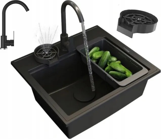 Gránit Mosogató Foxal Fekete Csaptelep Mosó Csepegtető Maszkoló Szett